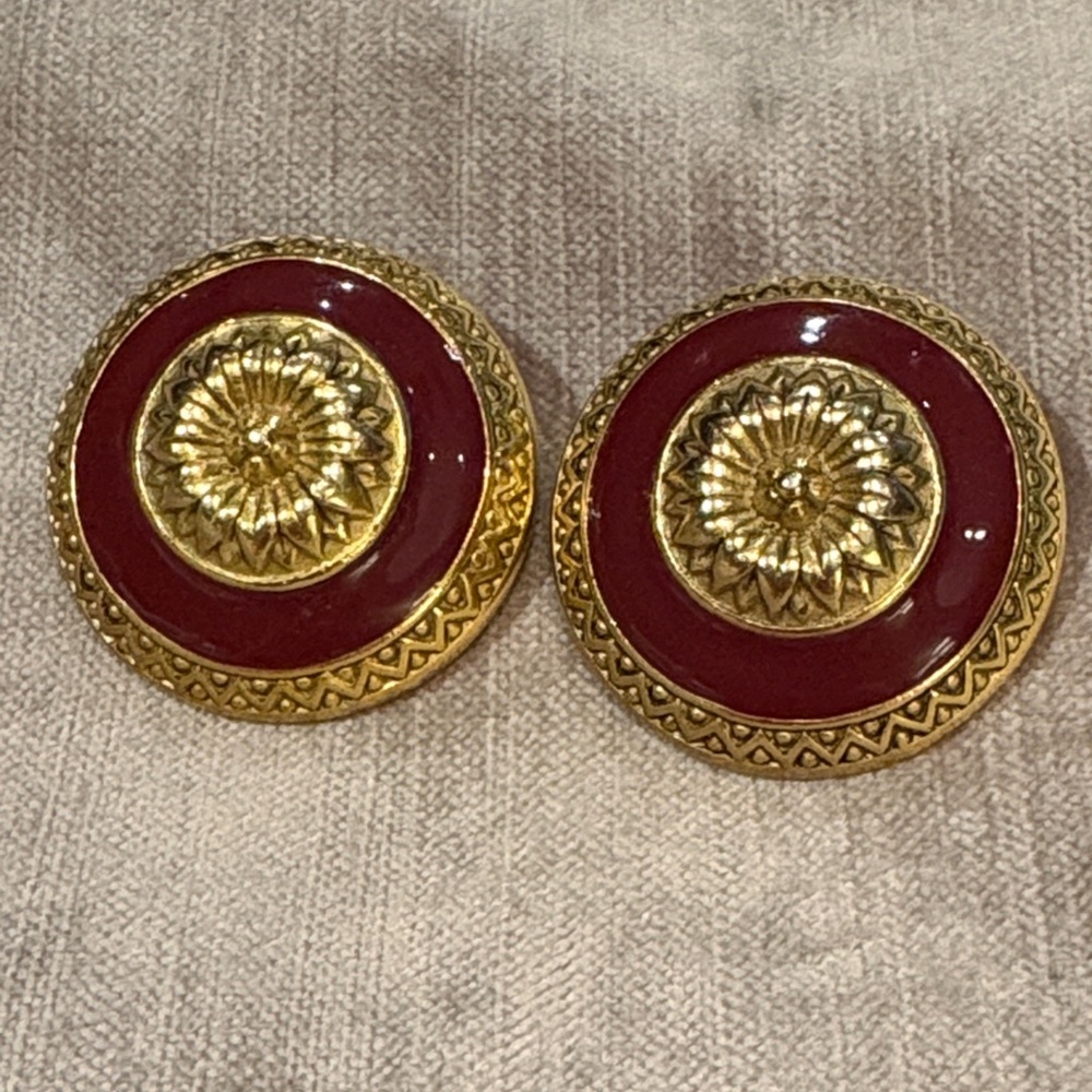 Vintage Catherine Stein Gold and Red Clip On Earrings 80’s